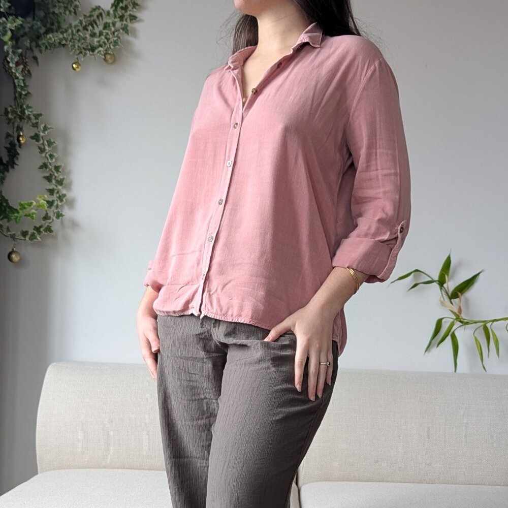 Stradivarius, Linen-like Blush Pink Roll-up Sleeve Blouse, Size L